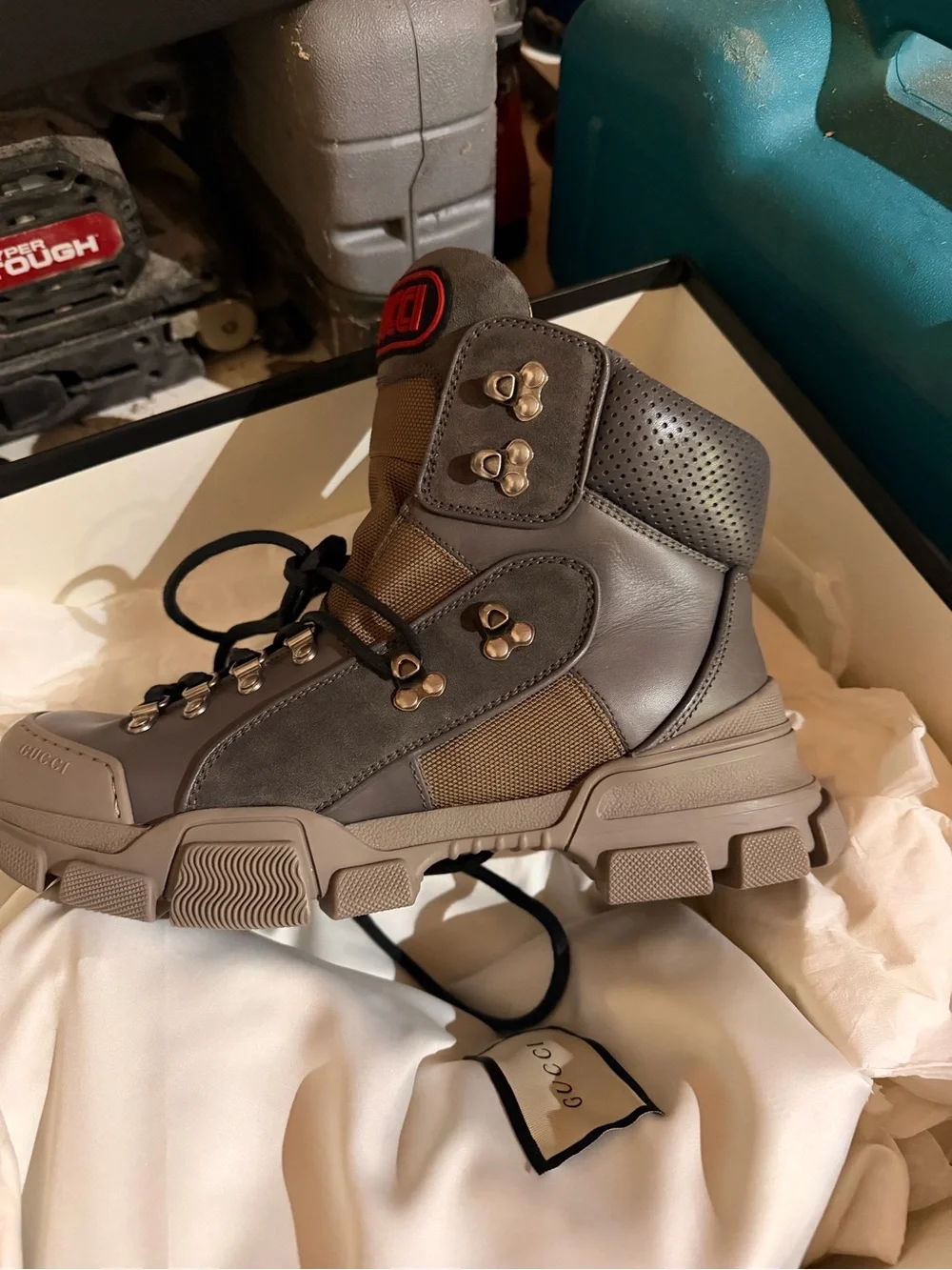 Gucci Men's Gray and Tan Lace-Up High-Top Boot with Red Logo